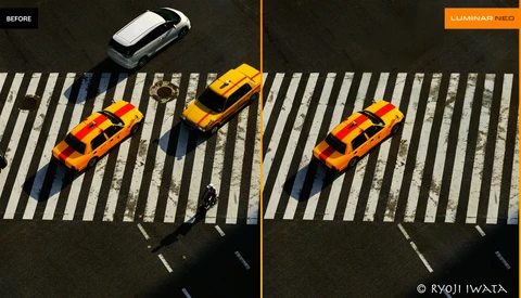 Before and after comparison of taxi cabs at a crosswalk, showing color correction and contrast enhancement.
