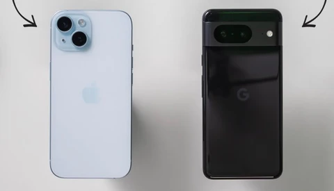 Rear view comparison of two smartphones with dual camera systems against a neutral background.