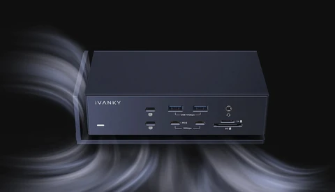 Product shot of the Ivanky control box with swirling light trails against a dark background.