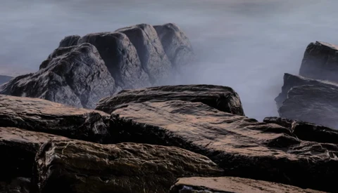 Weathered driftwood log in foreground with misty rocky outcrops and sea stacks in background.