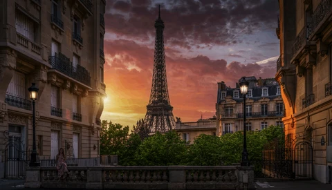 Eiffel Tower framed by Parisian buildings at golden hour sunset.