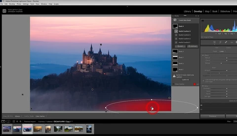 Screenshot of photo editing software showing a castle on a hilltop at sunset with adjustment layers and gradient mask visible.