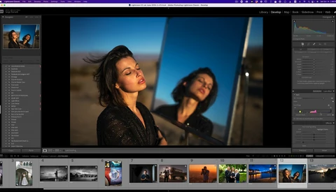 Screenshot of photo editing software showing portrait of woman with reflected composition in glass surface.