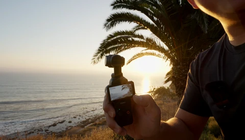 Filmmaker holding a gimbal-mounted camera against a sunset ocean backdrop framed by palm trees.