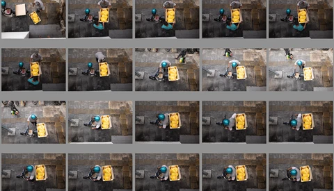 Contact sheet showing multiple overhead aerial shots of a person in blue clothing next to a yellow vehicle on pavement.