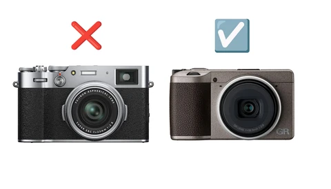 Comparison graphic showing two compact cameras with a red X marking the left camera and a blue checkmark marking the right camera.