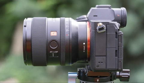 Sony mirrorless camera with wide-angle lens mounted on tripod head against blurred green background.