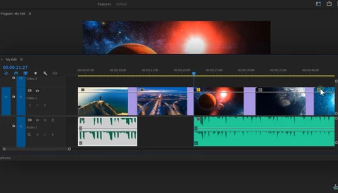 Screenshot of video editing software showing timeline with space imagery and audio waveforms.