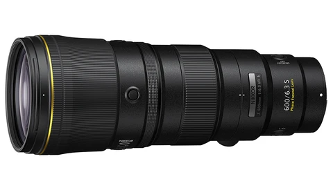 Black telephoto lens with gold accents and focal length marking on barrel.