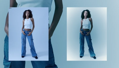 Side-by-side studio portraits showing editing variations of a woman in white tank top and distressed blue jeans.
