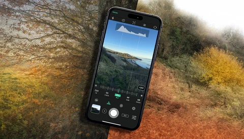 iPhone displaying mobile photography app interface with landscape mountain and water scene
