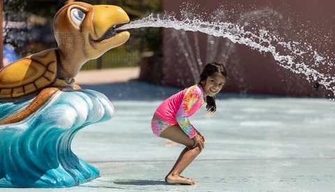 Child in pink swimwear crouching while being sprayed by a decorative turtle water feature.