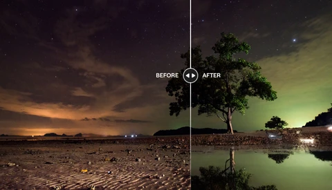 Before-and-after comparison showing barren landscape transformed into lush scene with tree and water reflection.