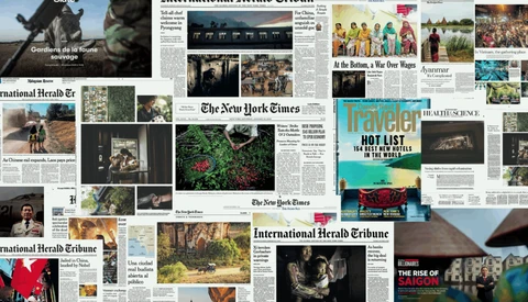 Collage of international newspaper and magazine layouts featuring travel and documentary photography.