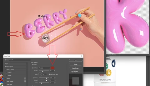 Screenshot of 3D design software showing pink typographic lettering and editing interface.