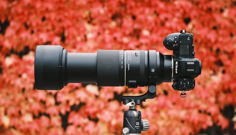 Telephoto lens mounted on camera body with ball head tripod, set against vibrant red foliage background.