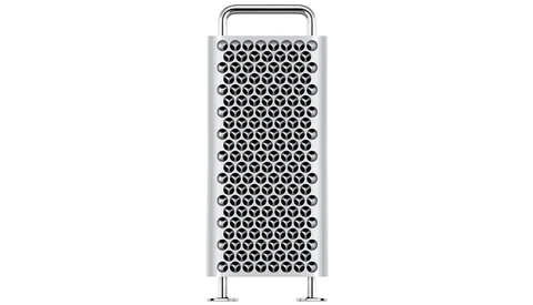 Cylindrical stainless steel grater with perforated surface and handle against white background.
