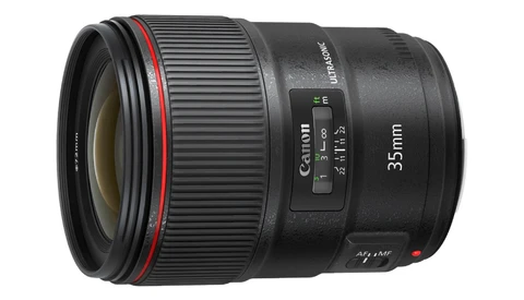 Canon EF 35mm f/1.4L USM prime lens with red ring accent and autofocus controls.