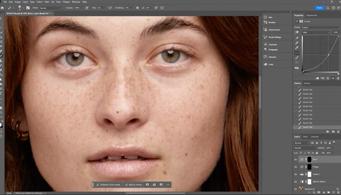 Screenshot of portrait retouching workflow in Photoshop with female subject displayed.