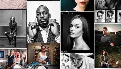 Grid of black and white and color portrait photographs showcasing diverse subjects and photographic styles.