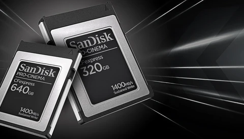 SanDisk Extreme PRO CompactFlash and Cinema Express memory cards displayed against a dark background with dramatic lighting effects.