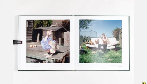Open photo album spread displaying two vintage color photographs from different outdoor settings.