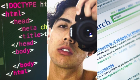Composite graphic showing HTML code, photographer holding camera, and website search results.