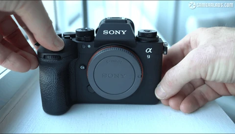 Hands holding a Sony Alpha 9 mirrorless camera body with attached grip against a bright window background.