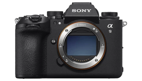 Sony α9 mirrorless camera body shown from front, displaying E-mount lens connection and sensor.