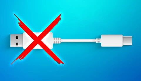 Illustration of a USB cable with a red X mark through it against a blue background.