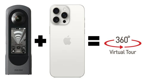 Diagram showing a Ricoh 360° camera and iPhone 12 Pro combining to create a 360-degree virtual tour.