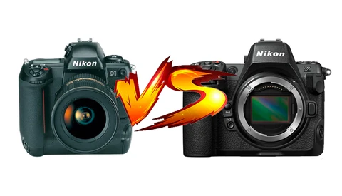 Illustration comparing two Nikon DSLR cameras with a flaming versus symbol between them.