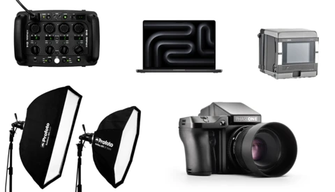 Collection of professional photography equipment including a mixer, monitor, camera back, softboxes, and medium format camera.