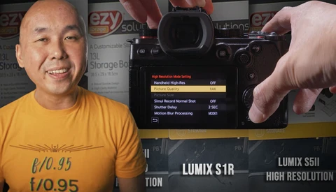 Panasonic Lumix S1R camera menu screen displayed during hands-on comparison review.