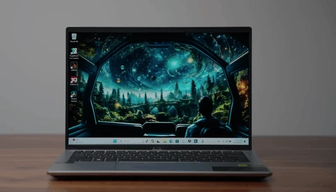 Laptop displaying a scenic landscape wallpaper with a silhouetted figure viewing a glowing celestial scene through a window frame.