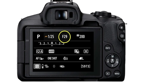 Screenshot of a camera's rear LCD display showing exposure settings with aperture f/29 highlighted.