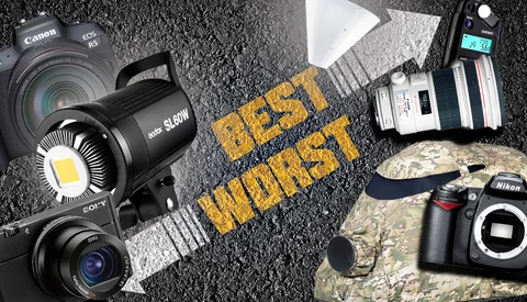 Professional filmmaking and photography equipment arranged on textured surface with yellow text overlay.