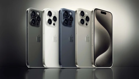 Five smartphones arranged in a row displaying different color finishes with triple-lens camera systems.