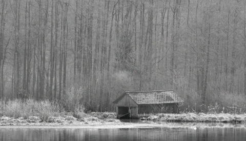 Small wooden boathouse on a misty riverbank surrounded by bare winter trees reflected in still water.