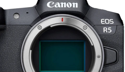 Canon EOS R5 mirrorless camera body shown from front, displaying the mount and sensor area.