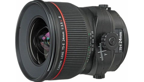 Canon TS-E 24mm f/3.5L tilt-shift lens with shift and tilt adjustment mechanisms visible on the barrel.