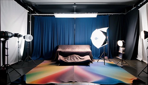 Professional photography studio setup with gradient floor, blue curtain backdrop, and multiple studio lights.