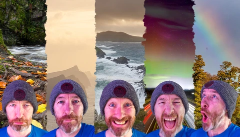 Five portraits of the same bearded man in a purple beanie, each showing different expressions, composited with scenic coastal and nature backgrounds.