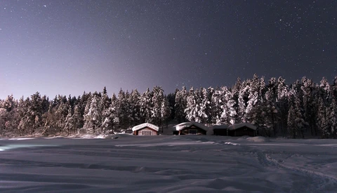 Snow-covered cabins nestled against a forested shoreline under a starry twilight sky.