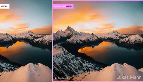 Mountain landscape at sunset with snowy peaks reflected in still water under golden sky.