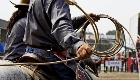 Cowboy holding coiled ropes while seated, with rodeo arena and spectators in background.