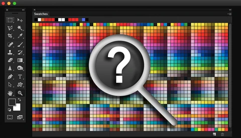 Screenshot of a digital color swatch palette with a magnifying glass icon displaying a question mark.