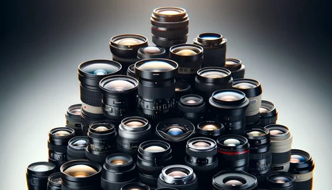 A pyramid arrangement of camera lenses with various focal lengths and sizes, all with visible glass elements and metal barrels.