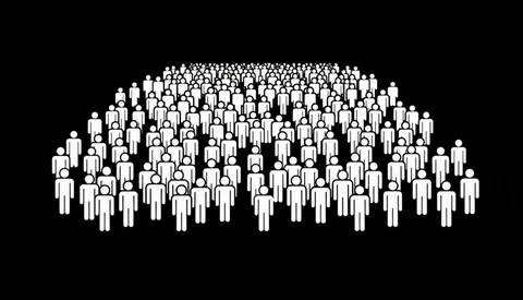 Illustration of a large crowd of white silhouetted figures arranged in a three-dimensional formation against a black background.