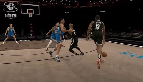 Screenshot of basketball video game showing players in game action on indoor court.
